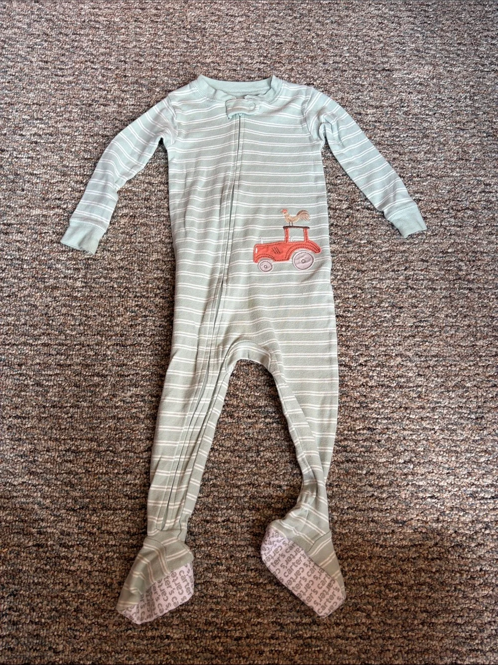 Carter's Light Green Striped Footed One-Piece with Orange Tractor
